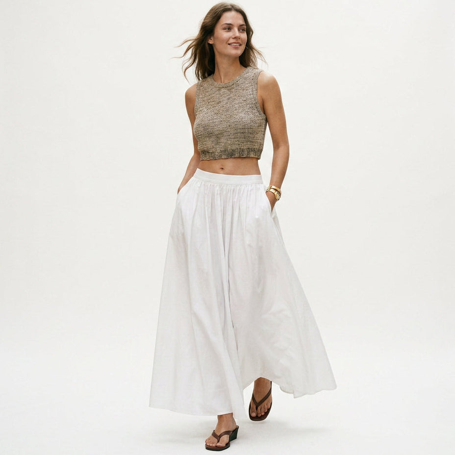Elise - Elegant White Cotton Pleated Maxi Skirt