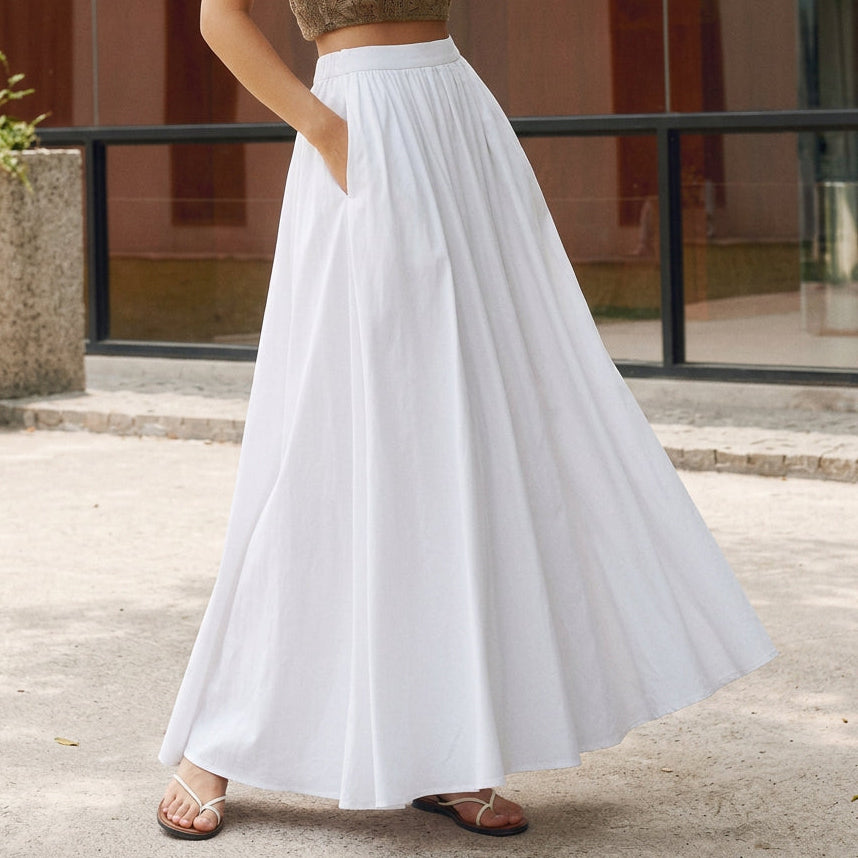Elise - Elegant White Cotton Pleated Maxi Skirt