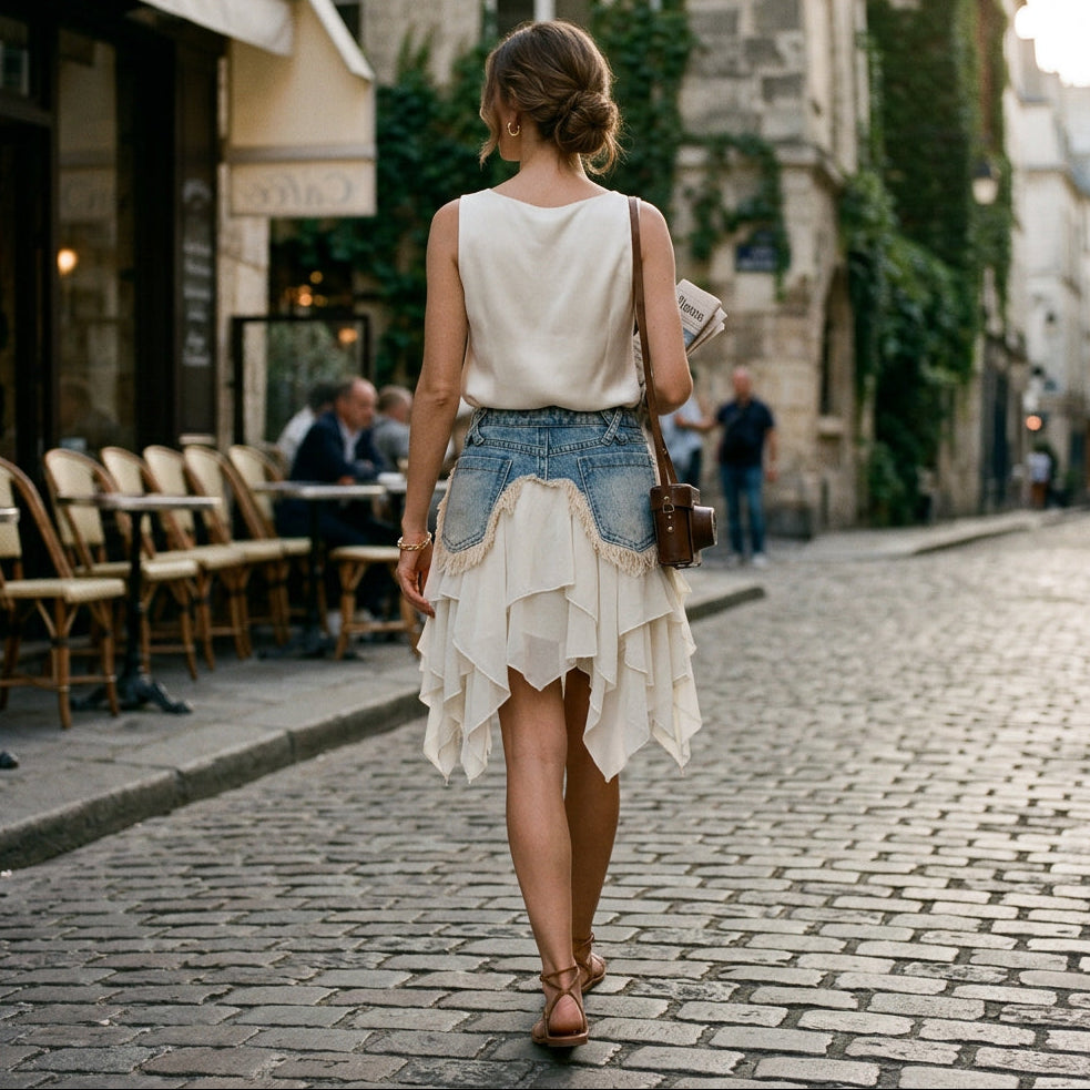 Fleur - Stylish Denim Skirt with Patchwork Design