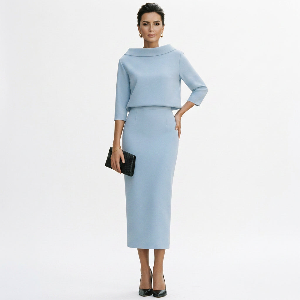Calista - Elegant Boat Neck Top and Midi Skirt Set