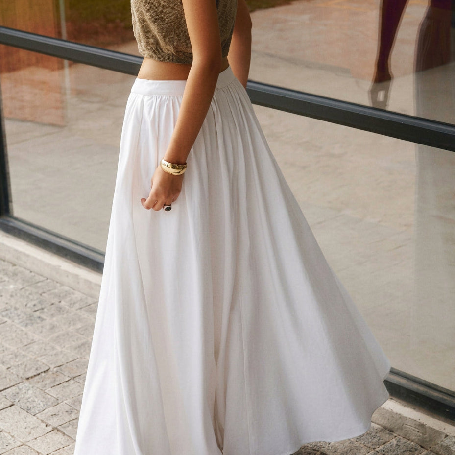 Elise - Elegant White Cotton Pleated Maxi Skirt