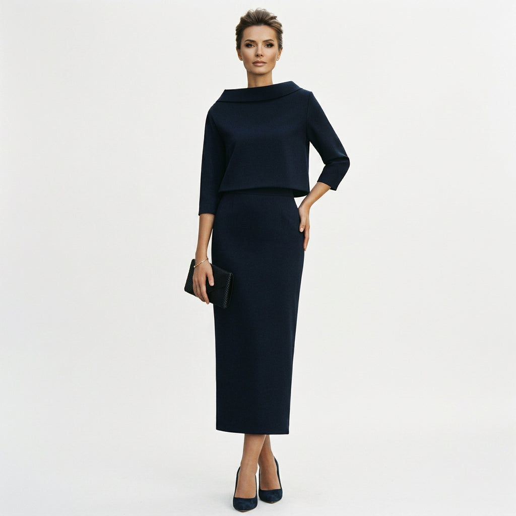 Calista - Elegant Boat Neck Top and Midi Skirt Set