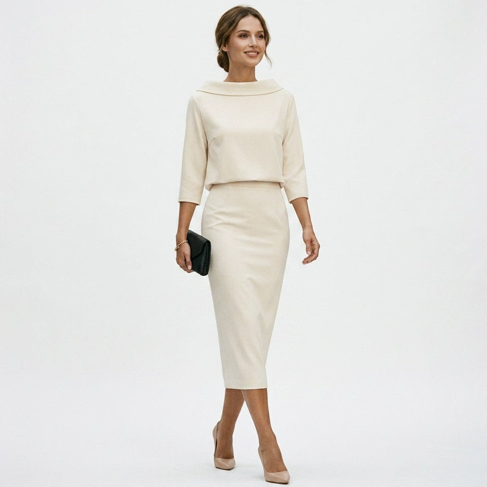 Calista - Elegant Boat Neck Top and Midi Skirt Set
