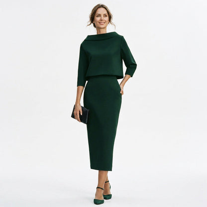 Calista - Elegant Boat Neck Top and Midi Skirt Set