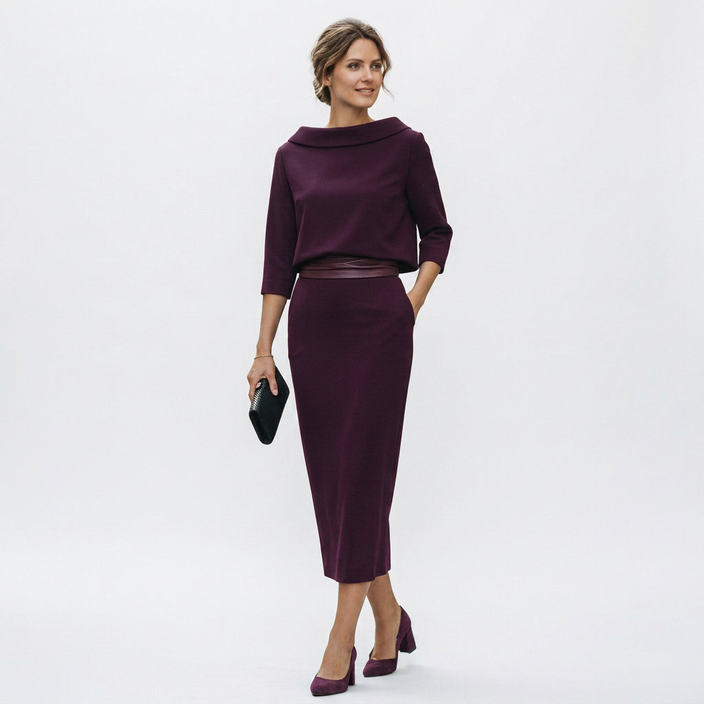 Calista - Elegant Boat Neck Top and Midi Skirt Set