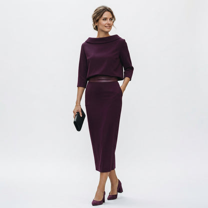 Calista - Elegant Boat Neck Top and Midi Skirt Set