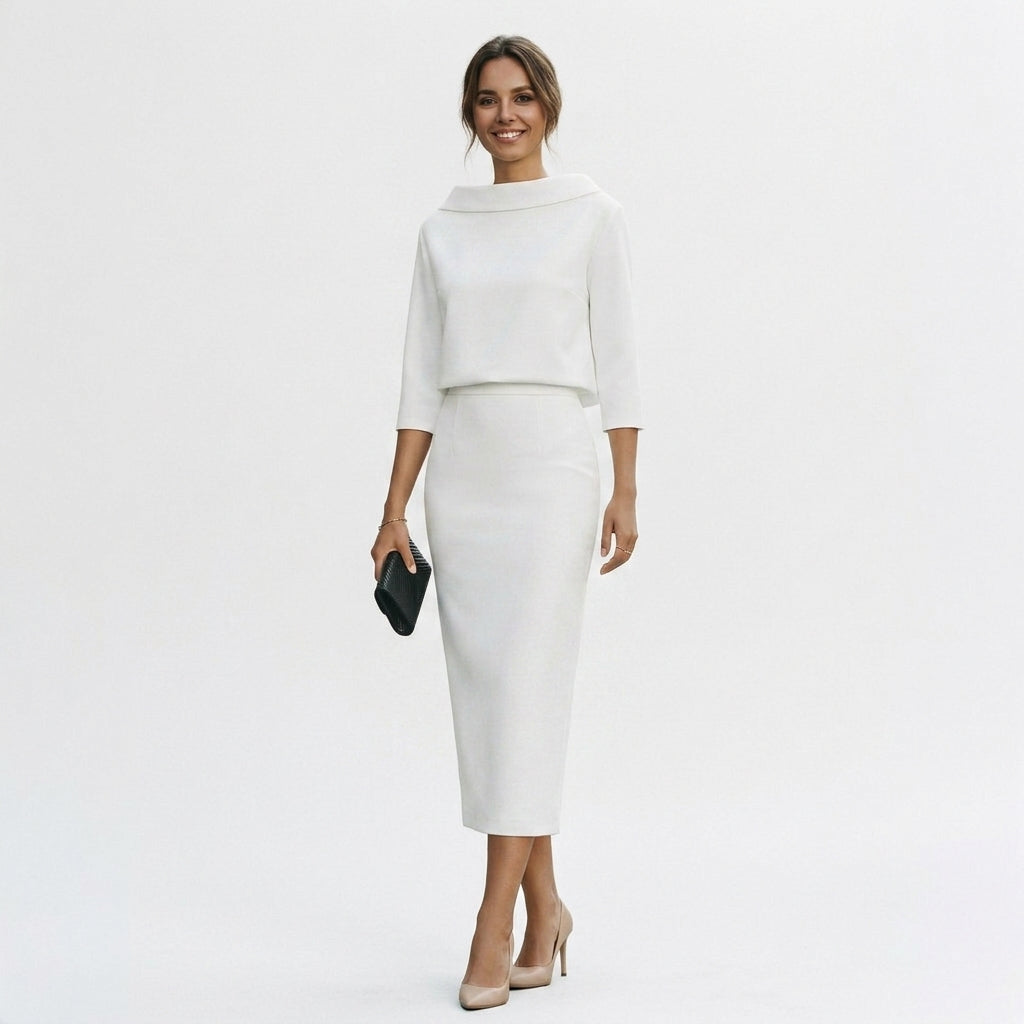 Calista - Elegant Boat Neck Top and Midi Skirt Set