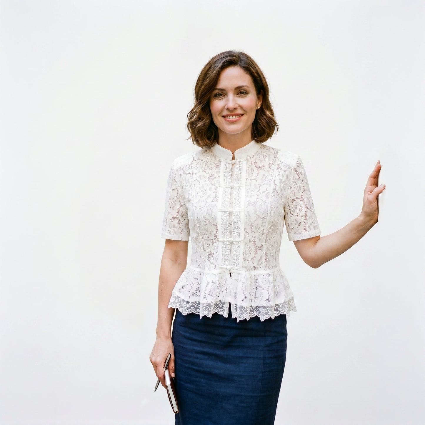Abigail- Elegant White Lace Cut Out Short-Sleeve Blouse DONE 06-22-2026