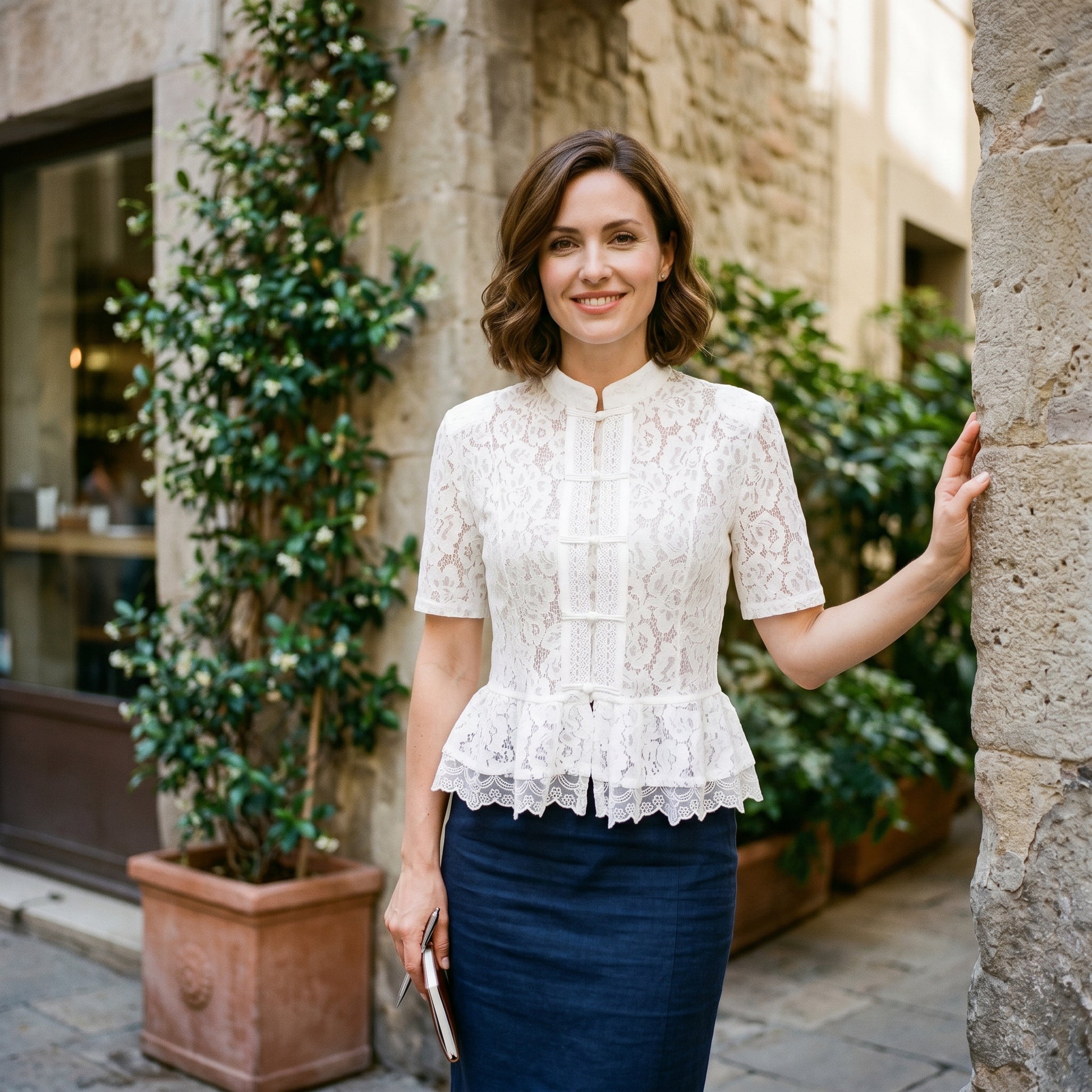 Abigail- Elegant White Lace Cut Out Short-Sleeve Blouse DONE 06-22-2026