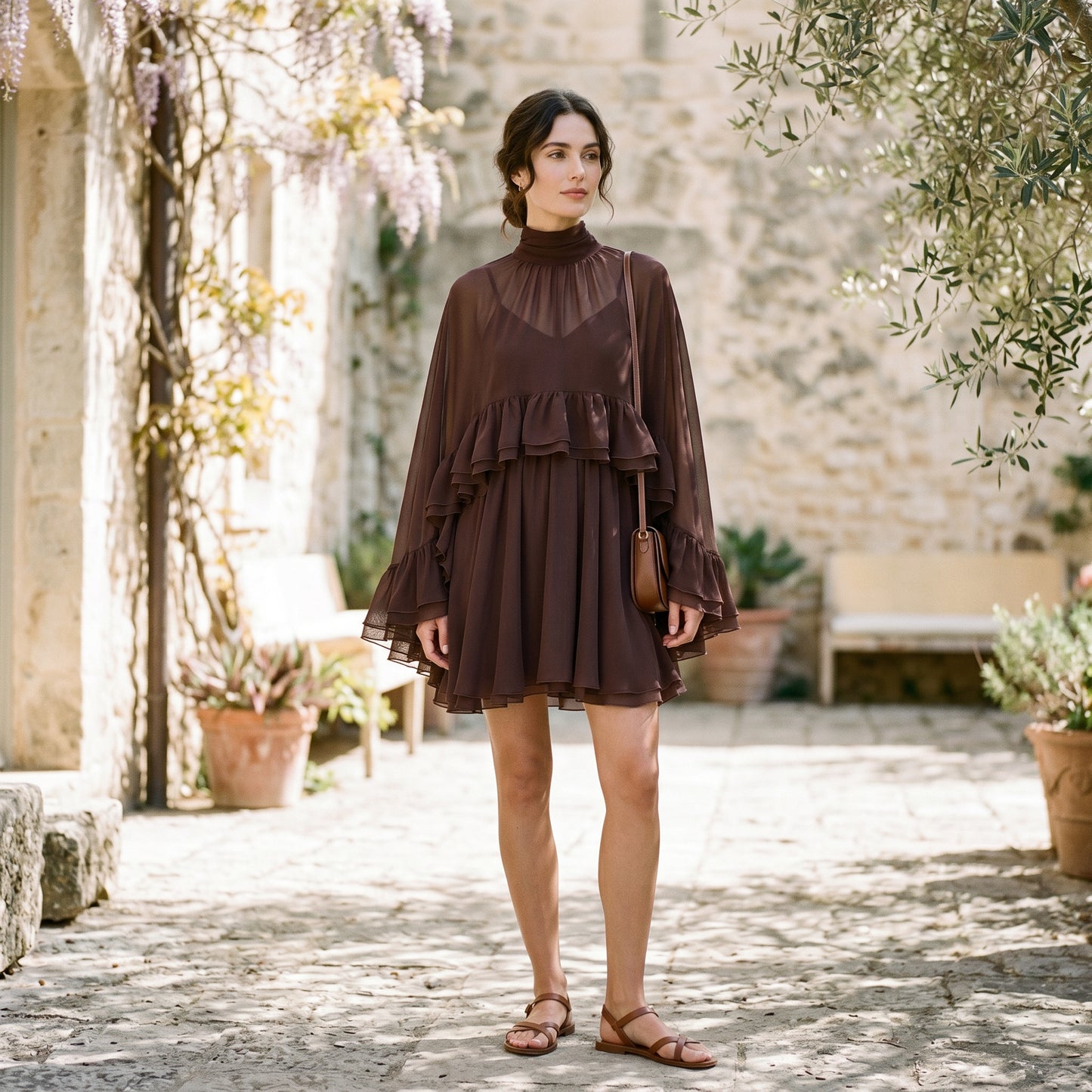 Amelia - Elegant Chiffon Ruffle Mock Neck Dress DONE