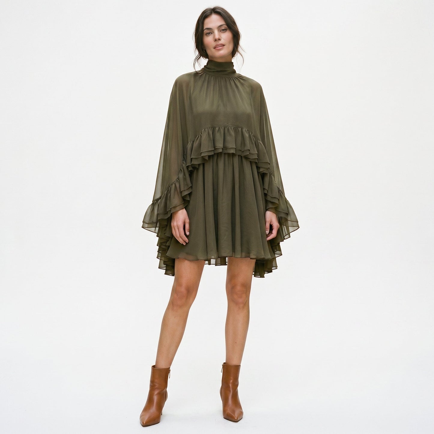 Amelia - Elegant Chiffon Ruffle Mock Neck Dress DONE