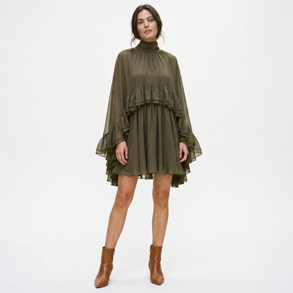 Amelia - Elegant Chiffon Ruffle Mock Neck Dress DONE