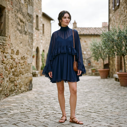 Amelia - Elegant Chiffon Ruffle Mock Neck Dress DONE