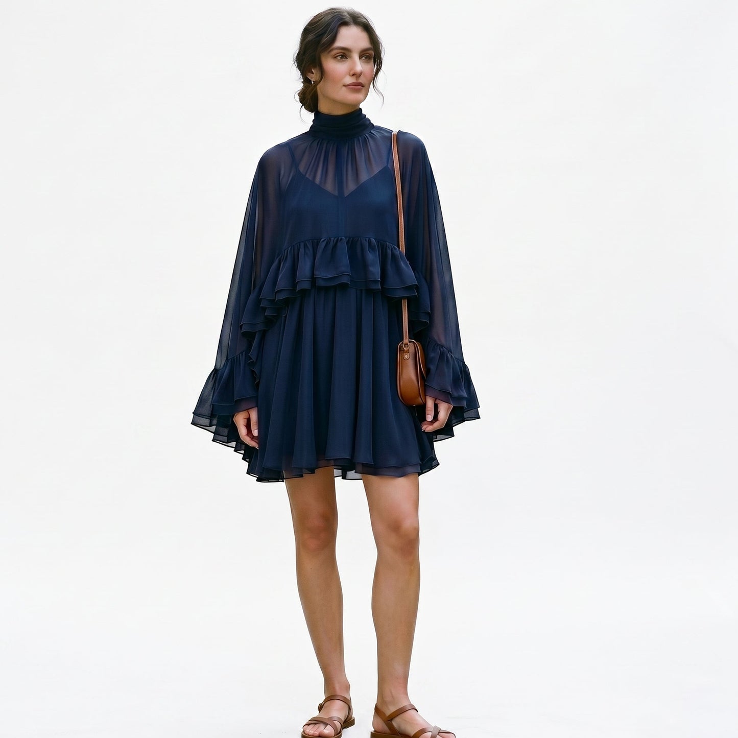 Amelia - Elegant Chiffon Ruffle Mock Neck Dress DONE
