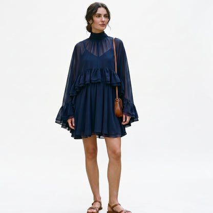 Amelia - Elegant Chiffon Ruffle Mock Neck Dress DONE