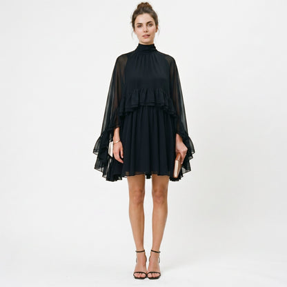 Amelia - Elegant Chiffon Ruffle Mock Neck Dress DONE