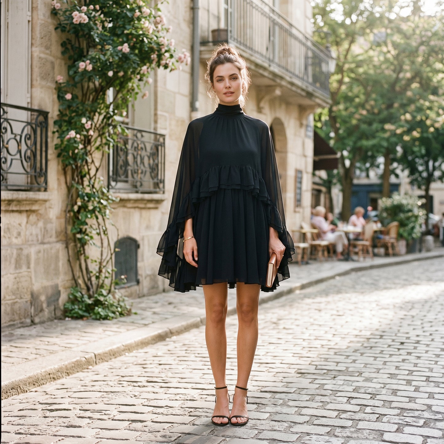 Amelia - Elegant Chiffon Ruffle Mock Neck Dress DONE