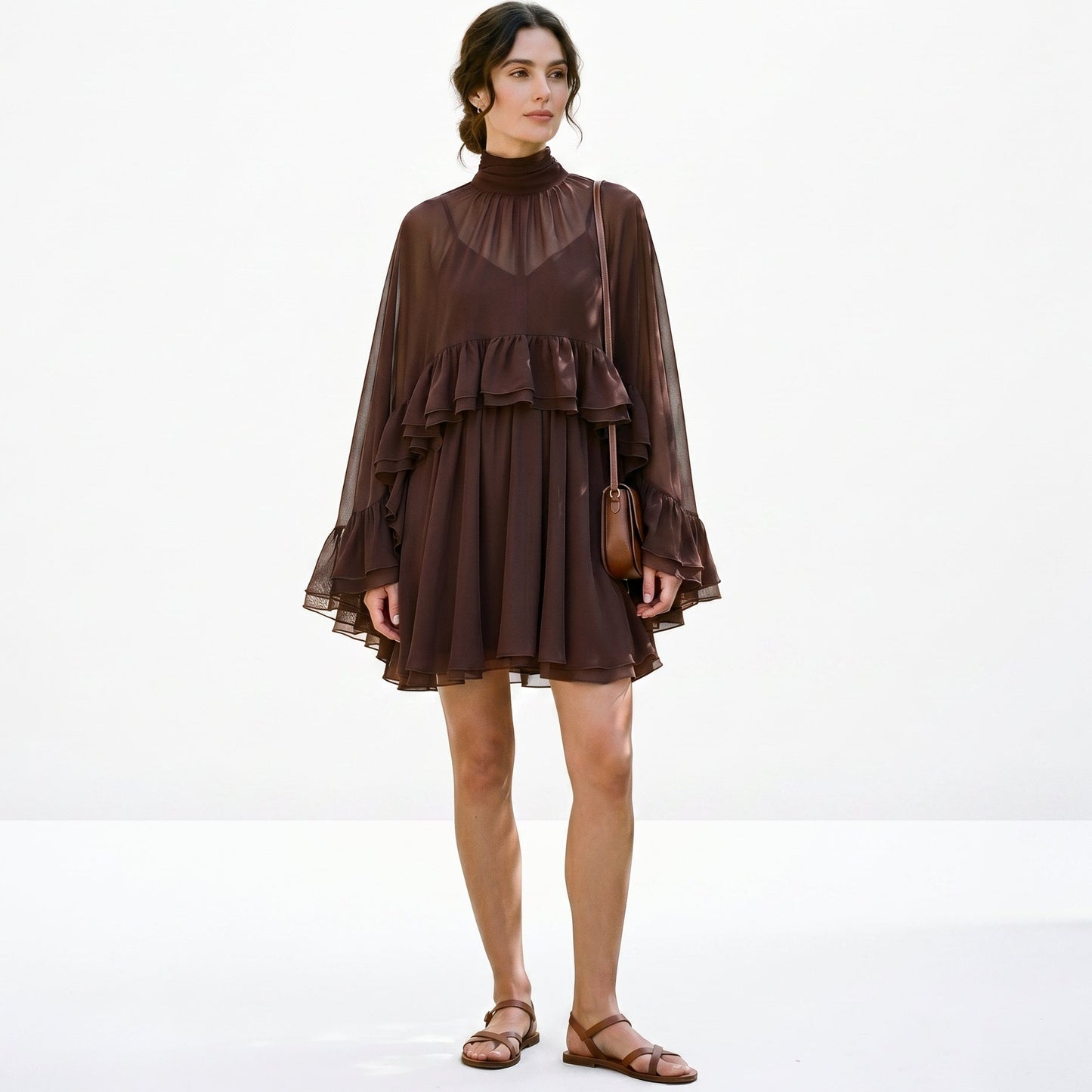 Amelia - Elegant Chiffon Ruffle Mock Neck Dress DONE