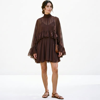 Amelia - Elegant Chiffon Ruffle Mock Neck Dress DONE