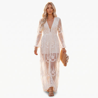 Amelia - Elegant White Long Sleeve Maxi Dress for Summer DONE