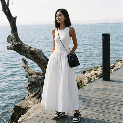 Casual White Maxi Dress for Women - Sleeveless Long Dress with Comfortable Fit
