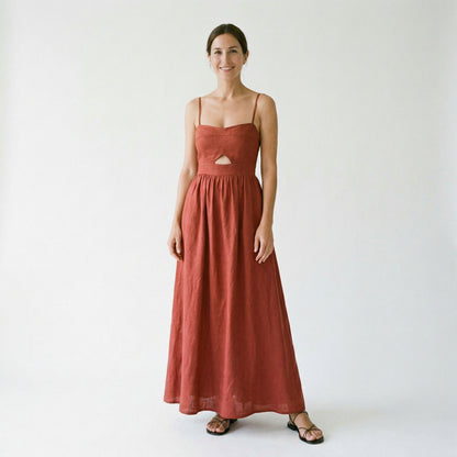 Cotton Sleeveless Maxi Dress for Women with Heart-Shaped Collar and Pockets