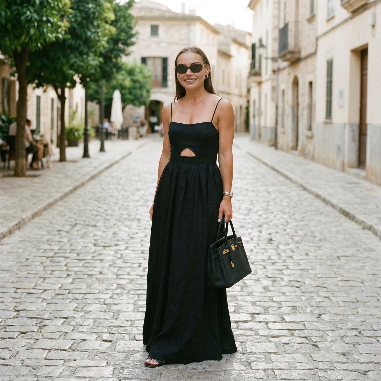 Cotton Sleeveless Maxi Dress for Women with Heart-Shaped Collar and Pockets