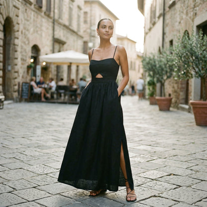 Cotton Sleeveless Maxi Dress for Women with Heart-Shaped Collar and Pockets