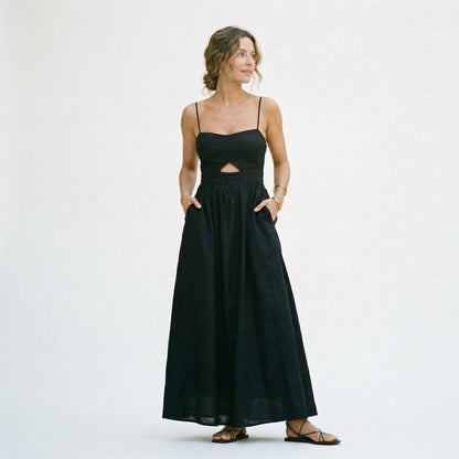Cotton Sleeveless Maxi Dress for Women with Heart-Shaped Collar and Pockets