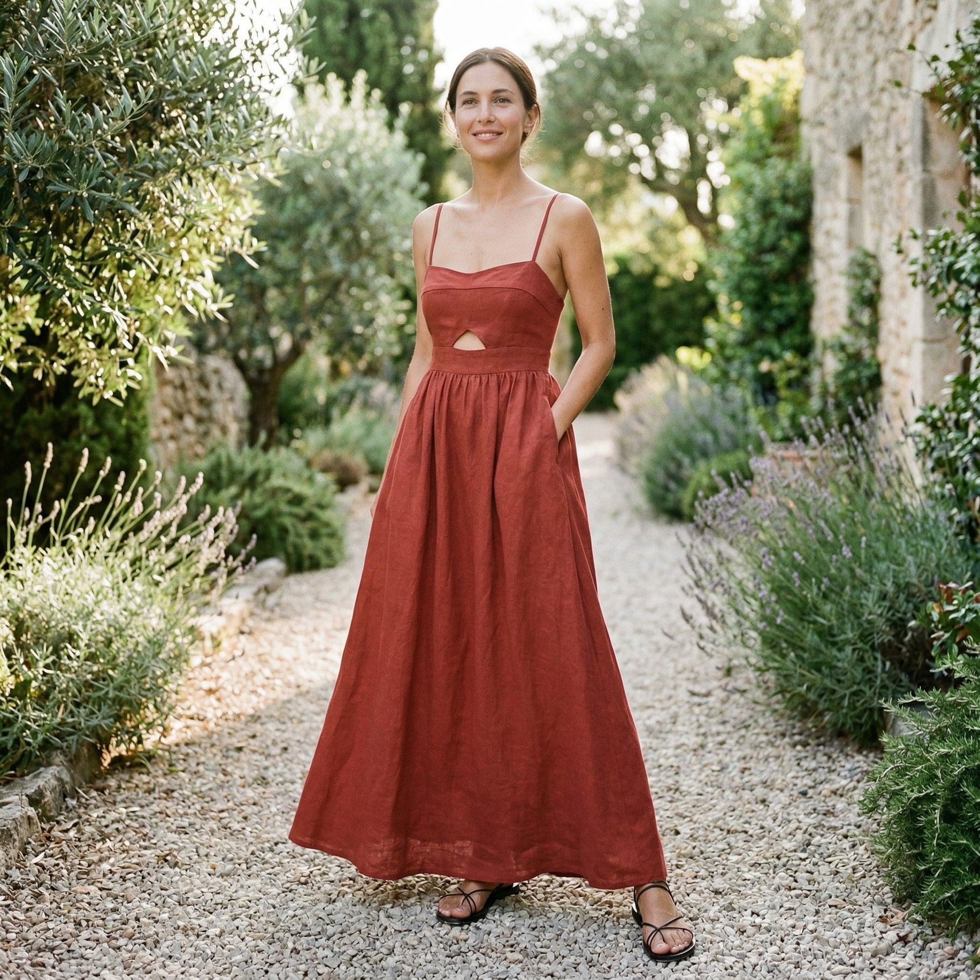 Cotton Sleeveless Maxi Dress for Women with Heart-Shaped Collar and Pockets
