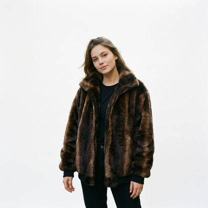 Cozy Retro Faux Fur Bomber Jacket for Women