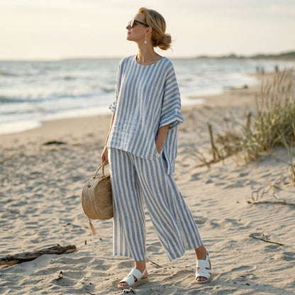 Elegant Blue Striped Linen Set