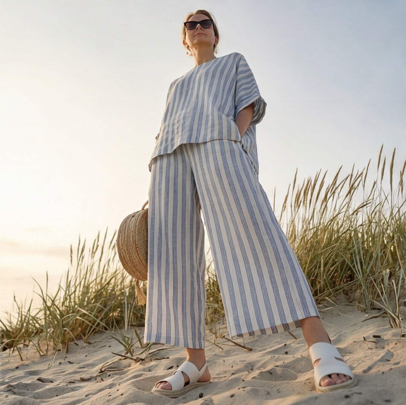 Elegant Blue Striped Linen Set