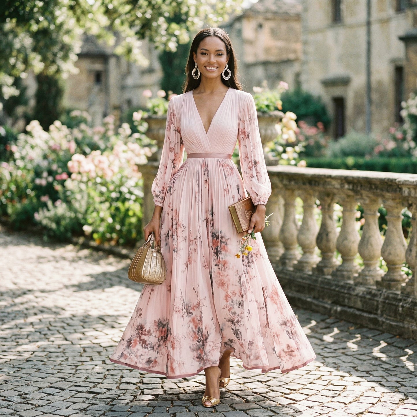 Elegant Floral Long Sleeve Maxi Dress