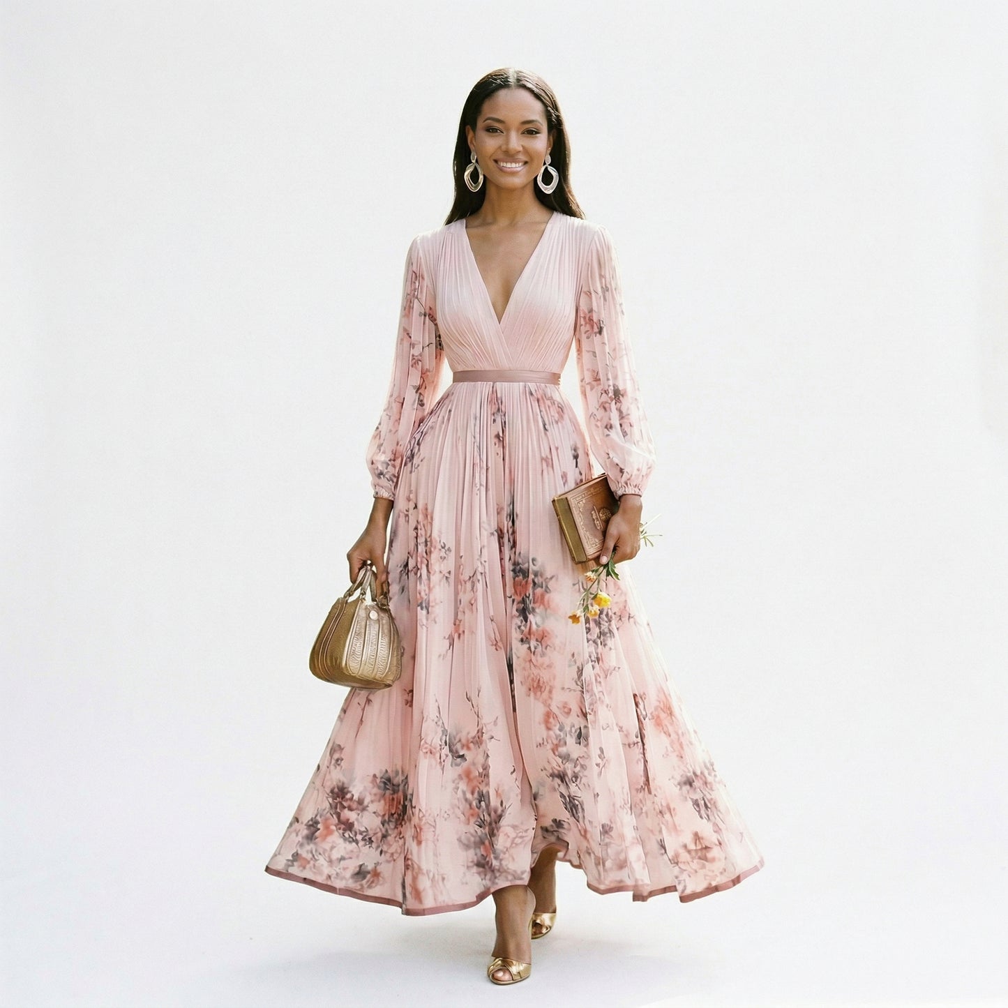 Elegant Floral Long Sleeve Maxi Dress