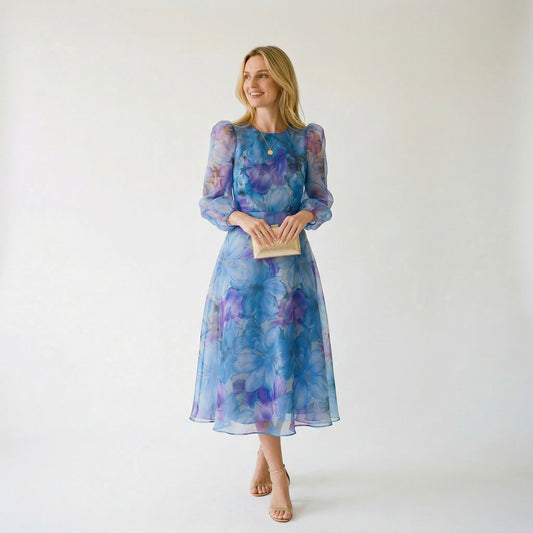 Elegant Floral Summer Midi Dress for Wedding Guests and Cocktail Parties