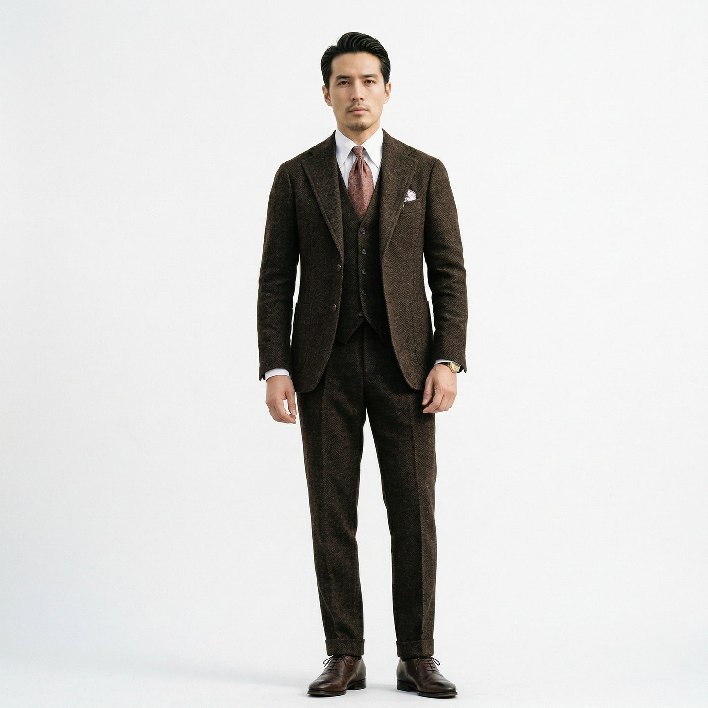 Elegant Herringbone 3 Piece Men's Suit for Wedding and Groomsmen