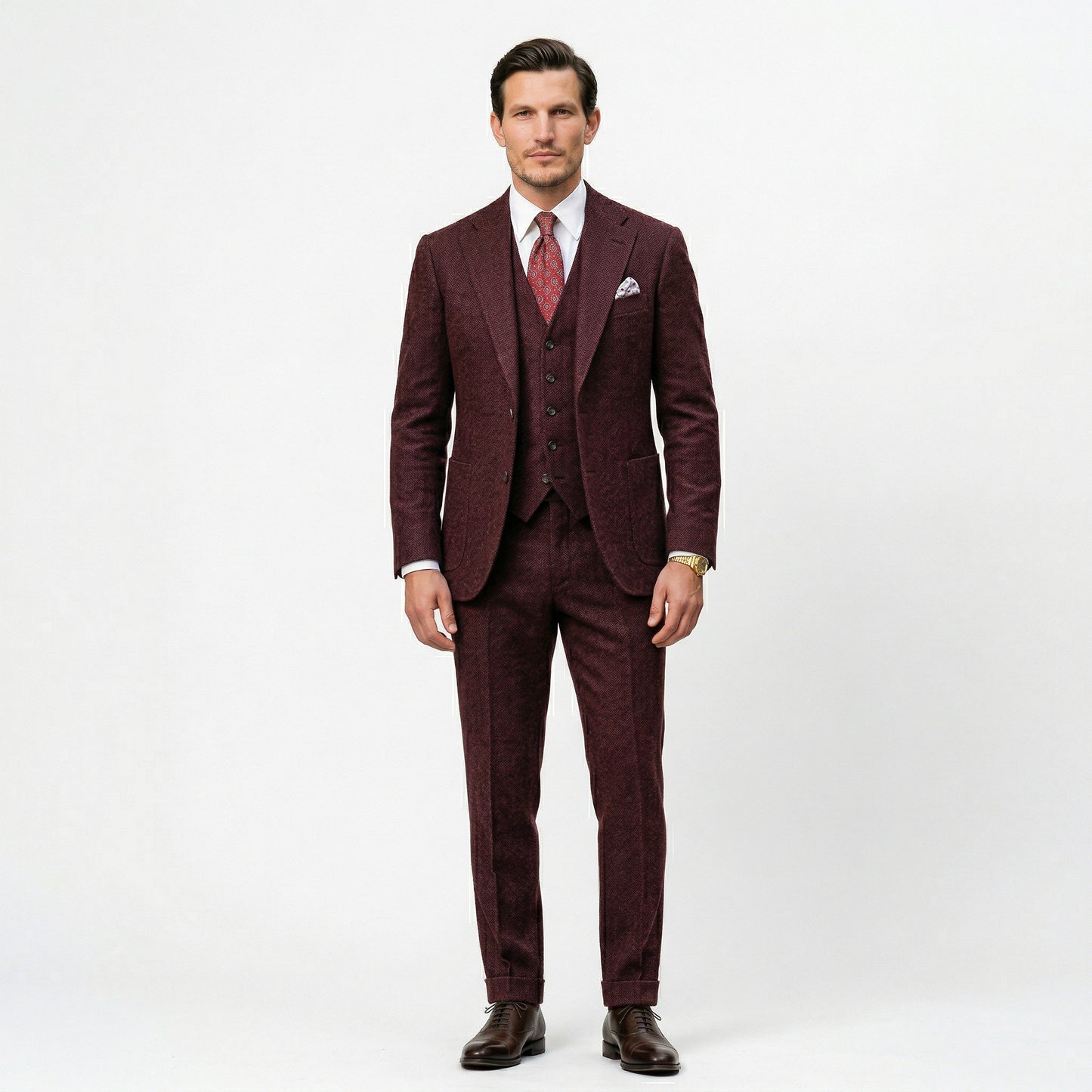 Elegant Herringbone 3 Piece Men's Suit for Wedding and Groomsmen