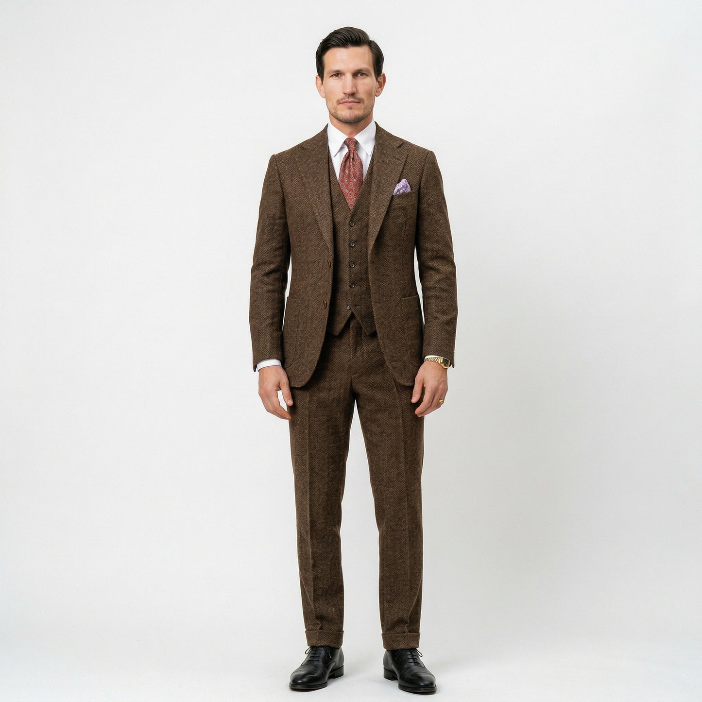 Elegant Herringbone 3 Piece Men's Suit for Wedding and Groomsmen