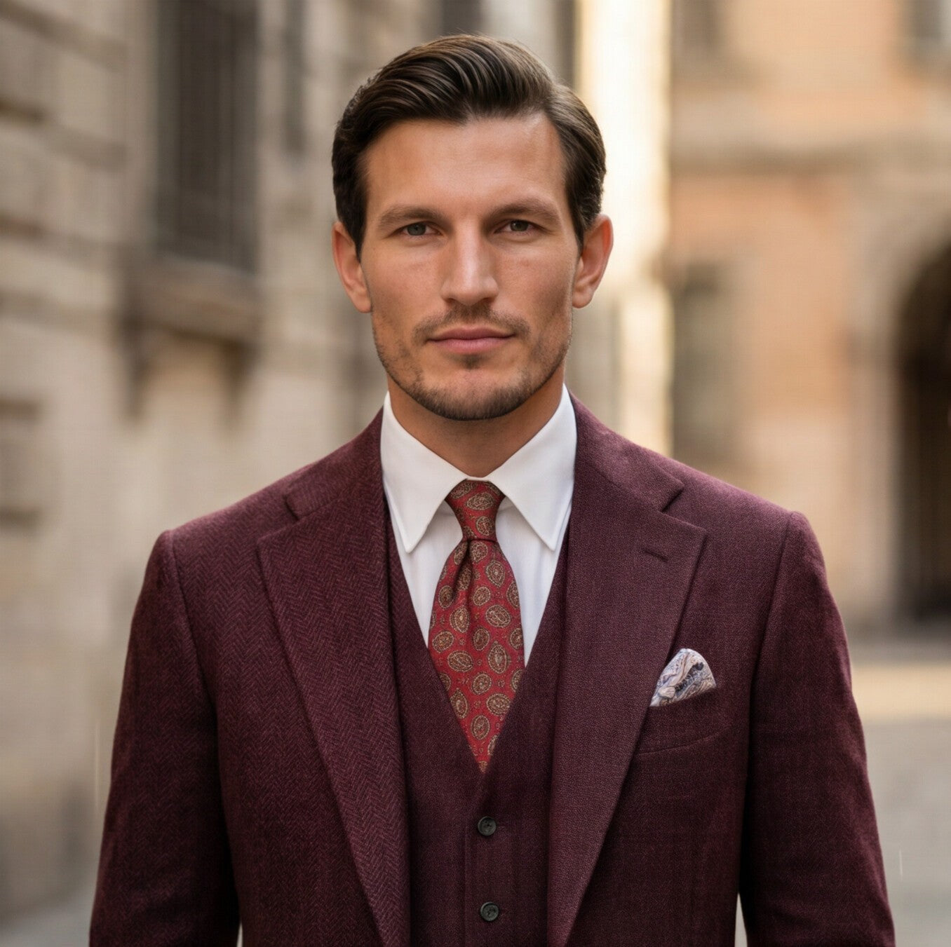 Elegant Herringbone 3 Piece Men's Suit for Wedding and Groomsmen