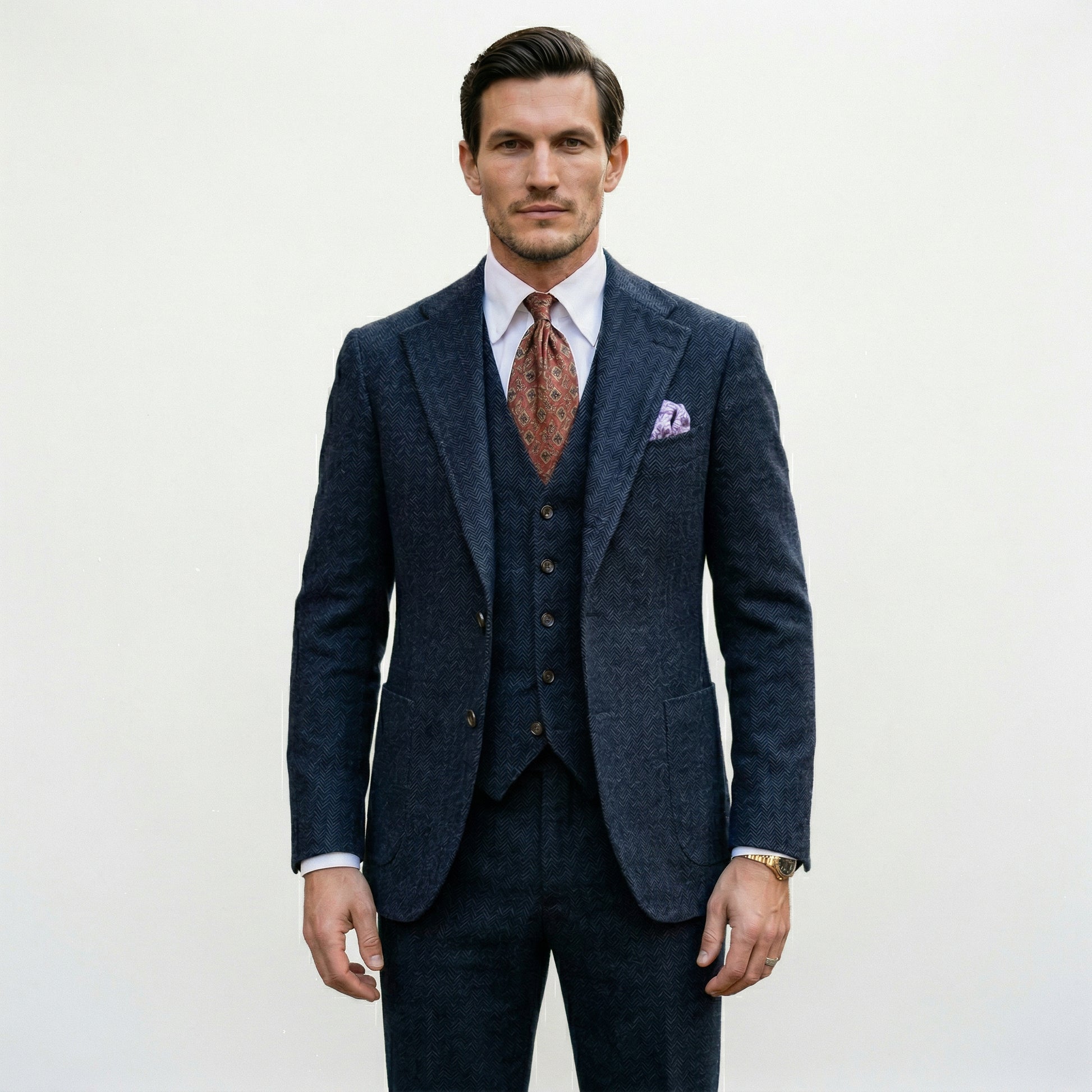Elegant Herringbone 3 Piece Men's Suit for Wedding and Groomsmen
