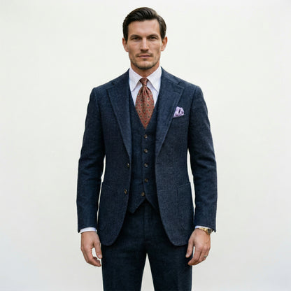 Elegant Herringbone 3 Piece Men's Suit for Wedding and Groomsmen