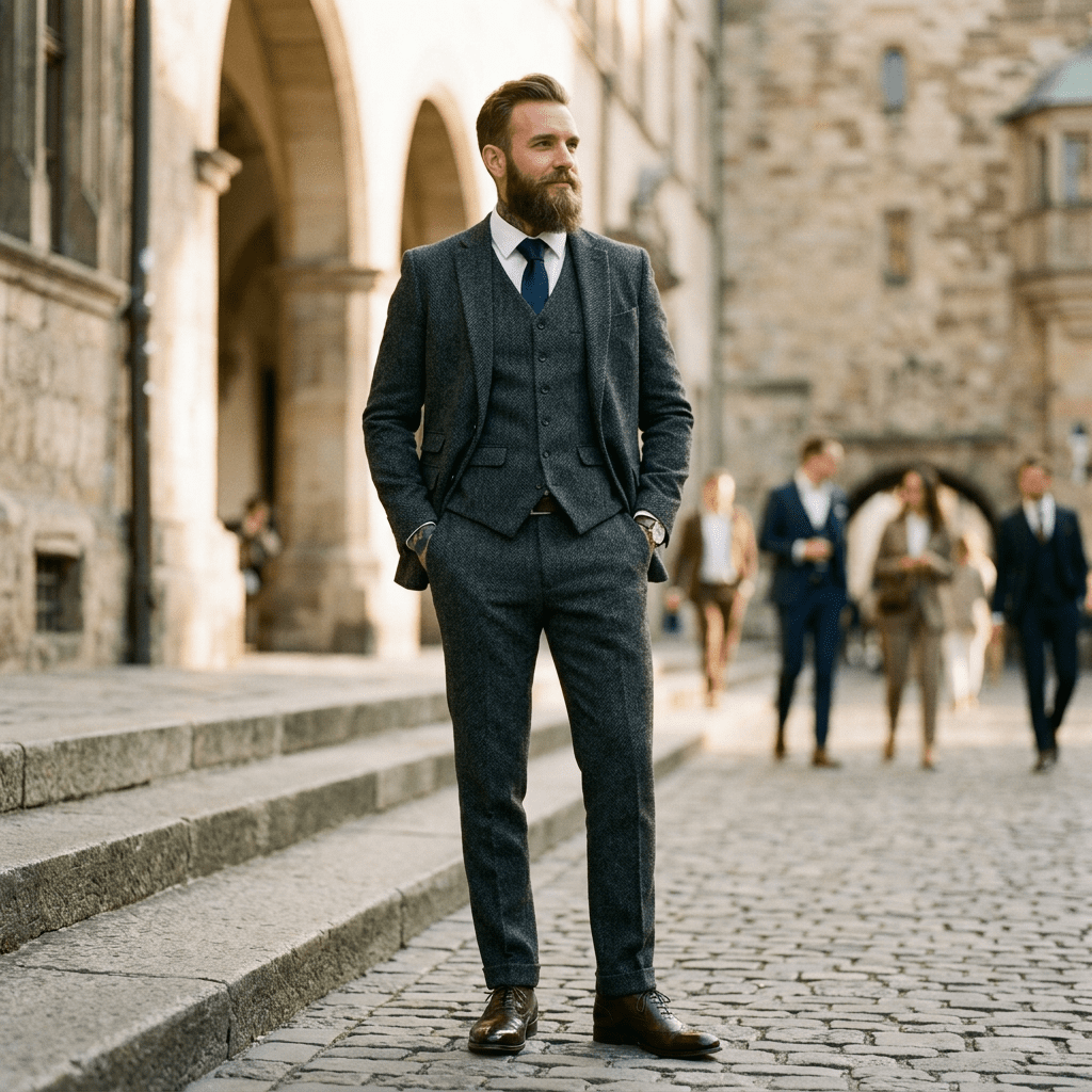 Elegant Herringbone Men's Suit for Weddings