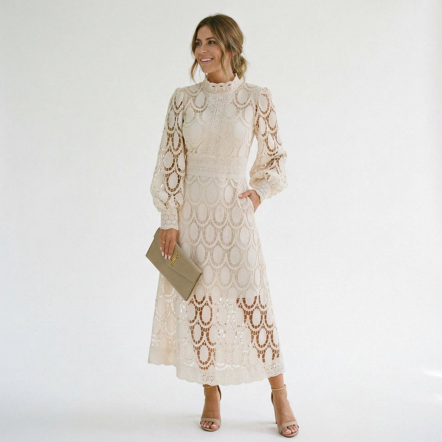 Elegant Lace Midi Wedding Guest Dress
