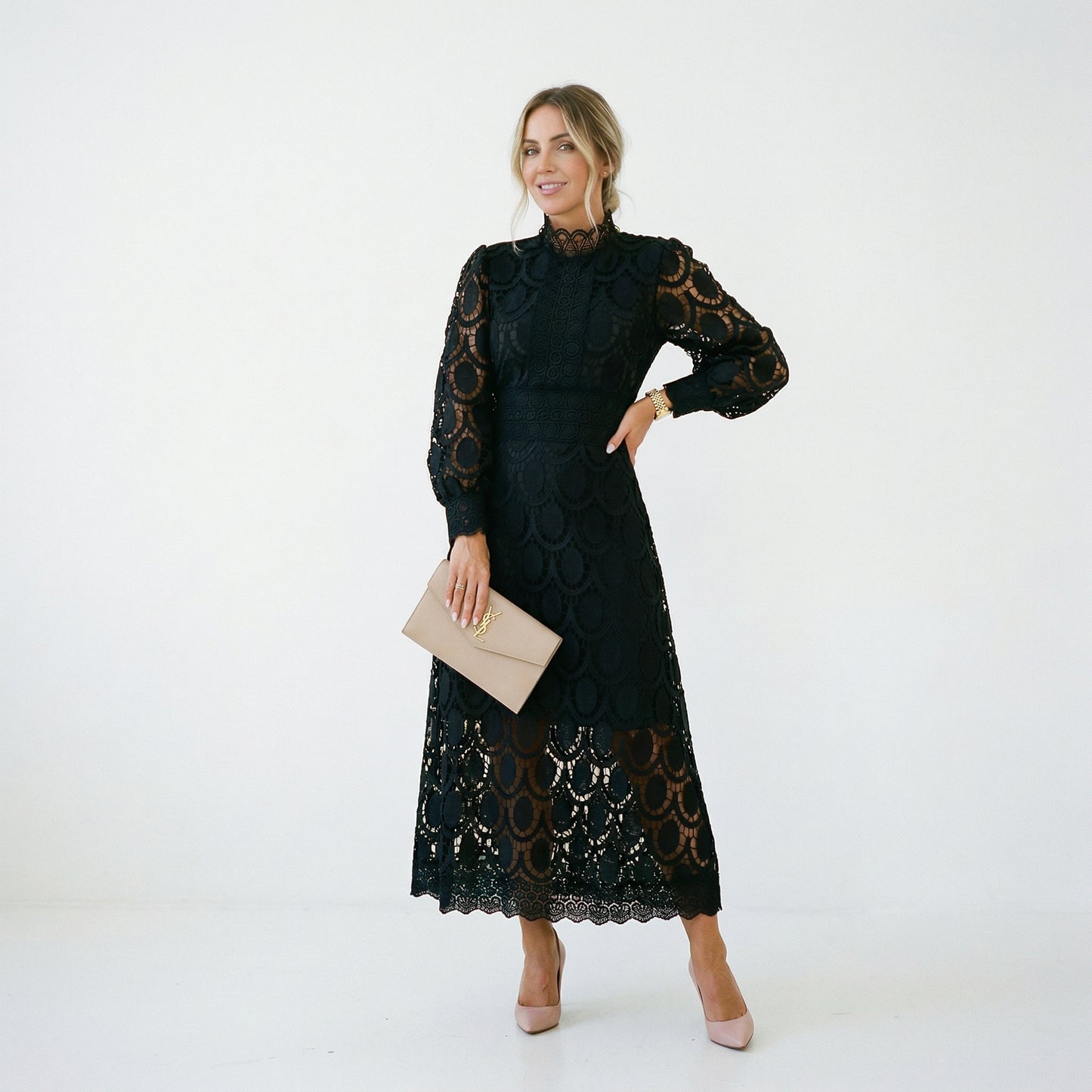 Elegant Lace Midi Wedding Guest Dress