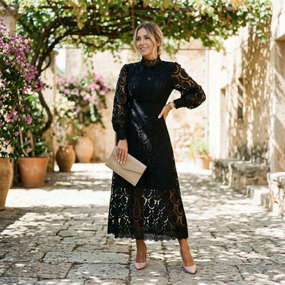 Elegant Lace Midi Wedding Guest Dress
