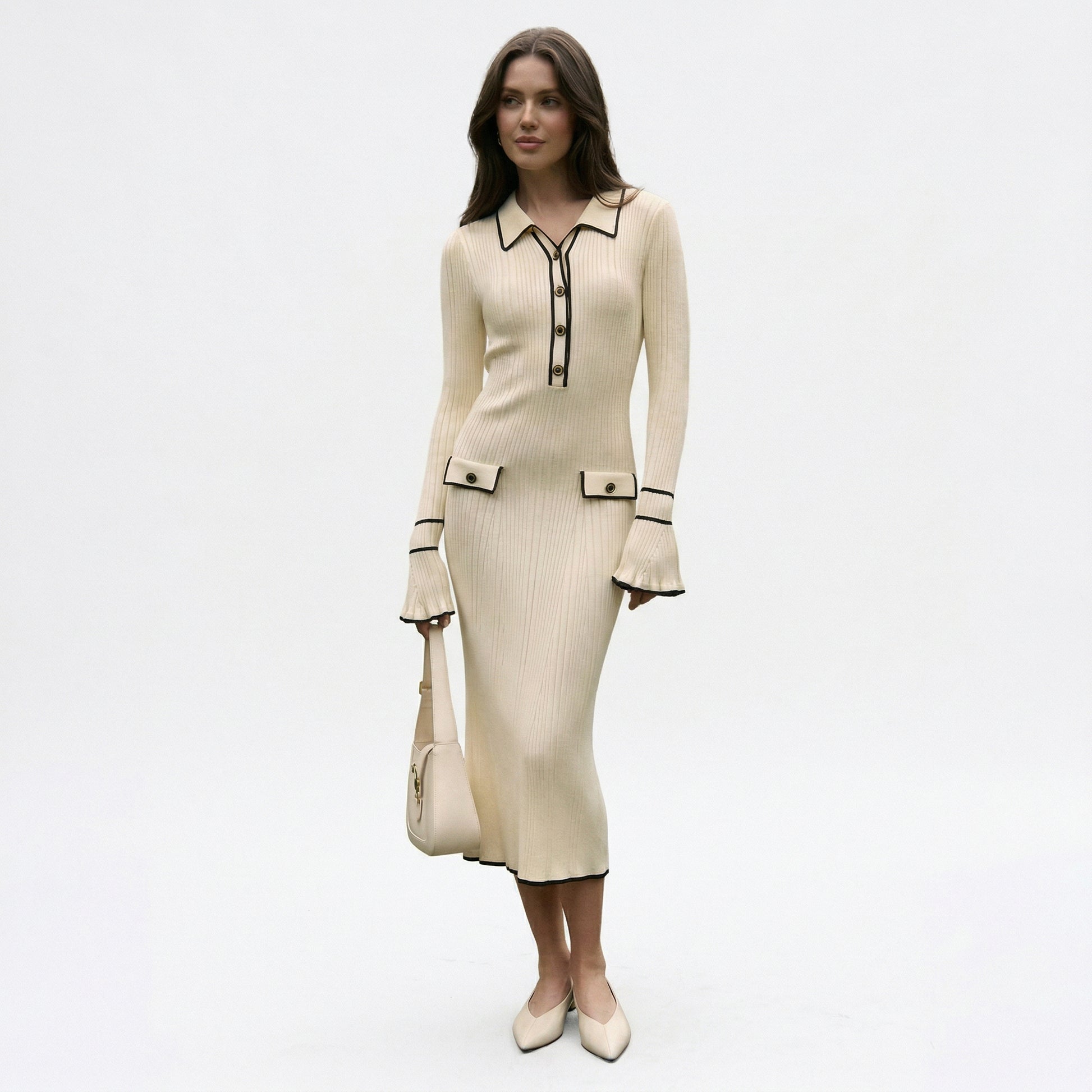 Elegant Midi Dress for Women - Contrast Trim Formal Dresses