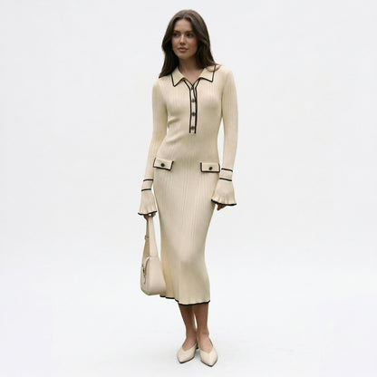 Elegant Midi Dress for Women - Contrast Trim Formal Dresses