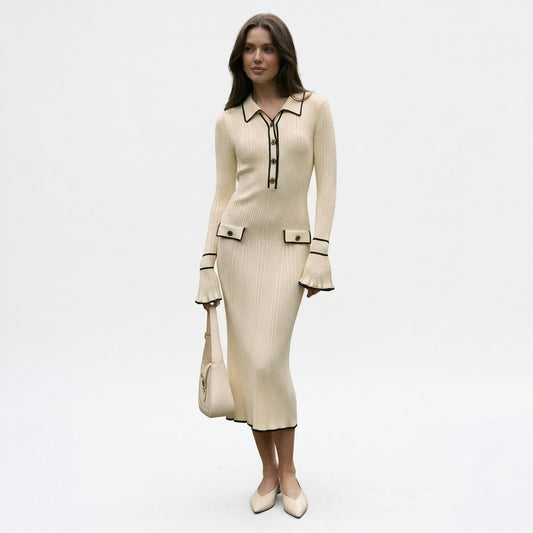 Elegant Midi Dress for Women - Contrast Trim Formal Dresses