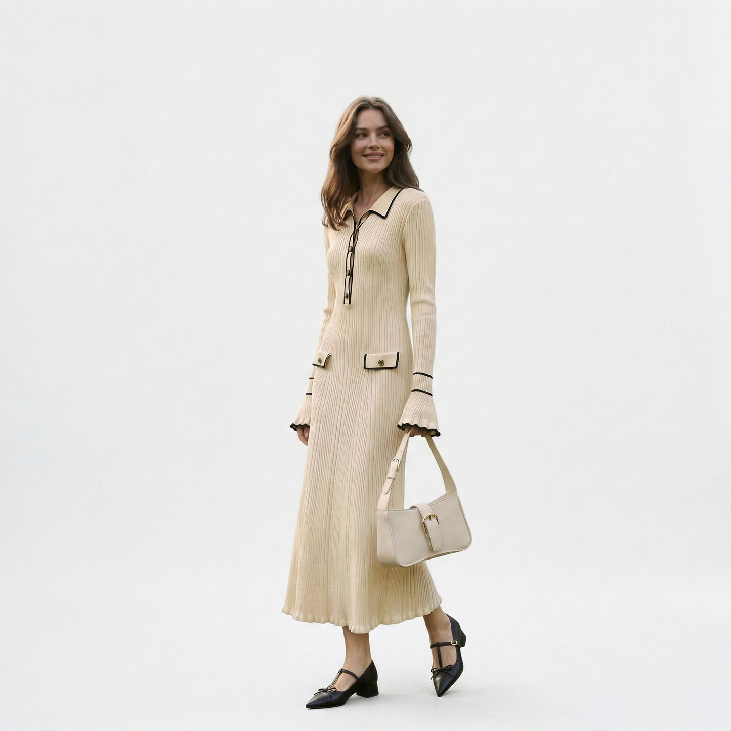 Elegant Midi Dress for Women - Contrast Trim Formal Dresses
